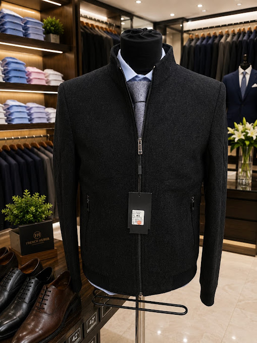 Men's Dark Charcoal Zip-Up Stand-Collar Jacket